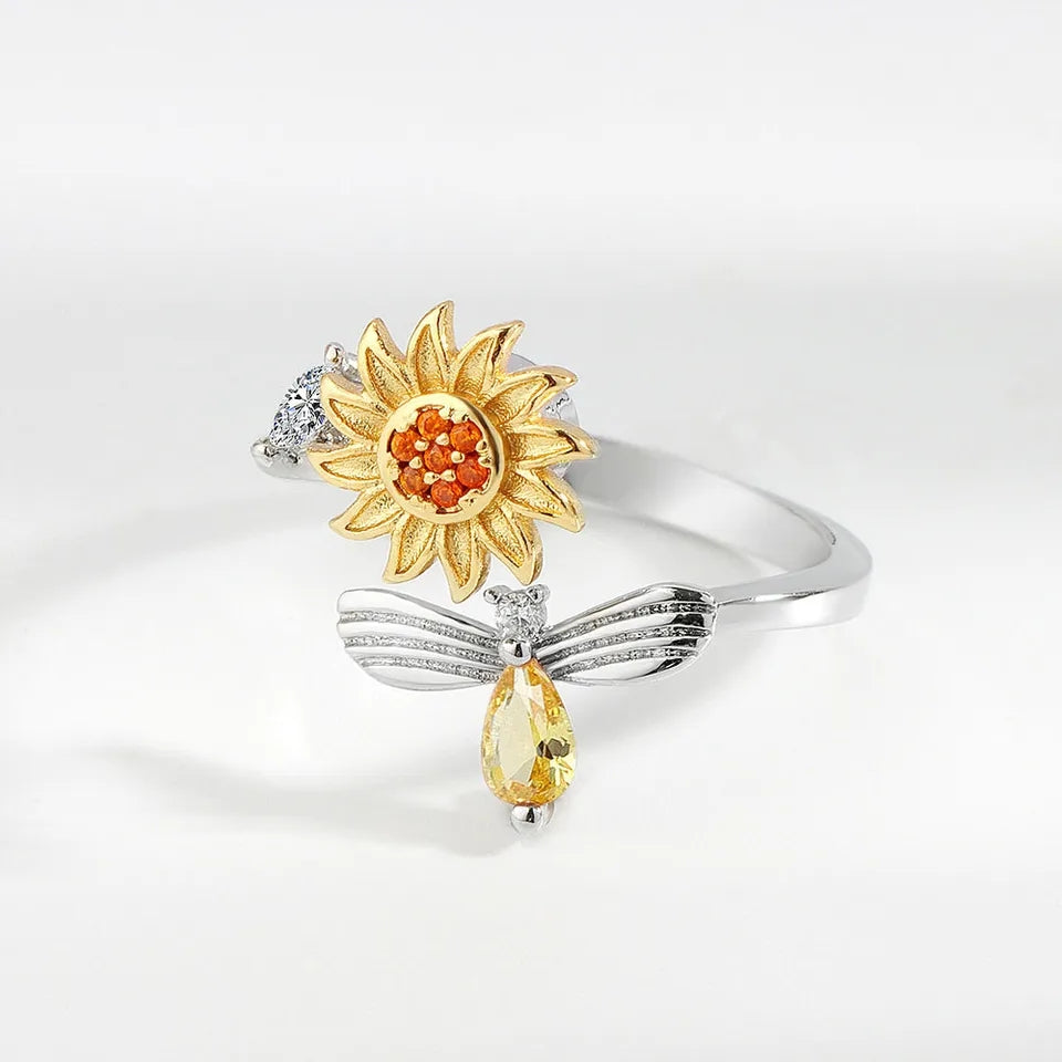 Anillo Ajustable Girasol con Abeja Giratorio