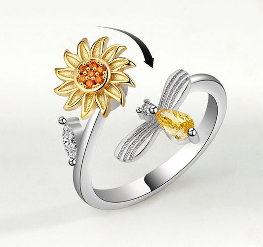 Anillo Ajustable Girasol con Abeja Giratorio