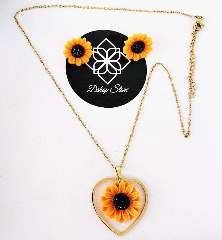 Collar + Aretes Girasol y Corazón Modelo Bella